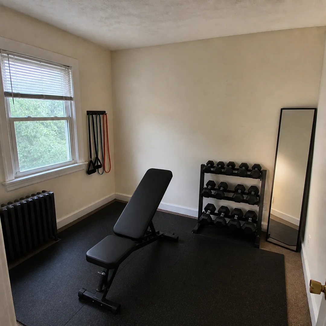 The same room transformed into a compact home gym.