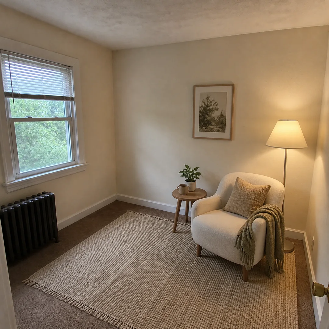 The same room transformed into a warm reading corner.
