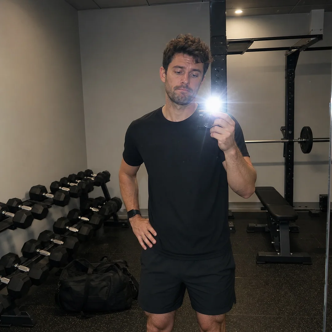 Candid first-week gym mirror selfie beginning a timestamp diary.