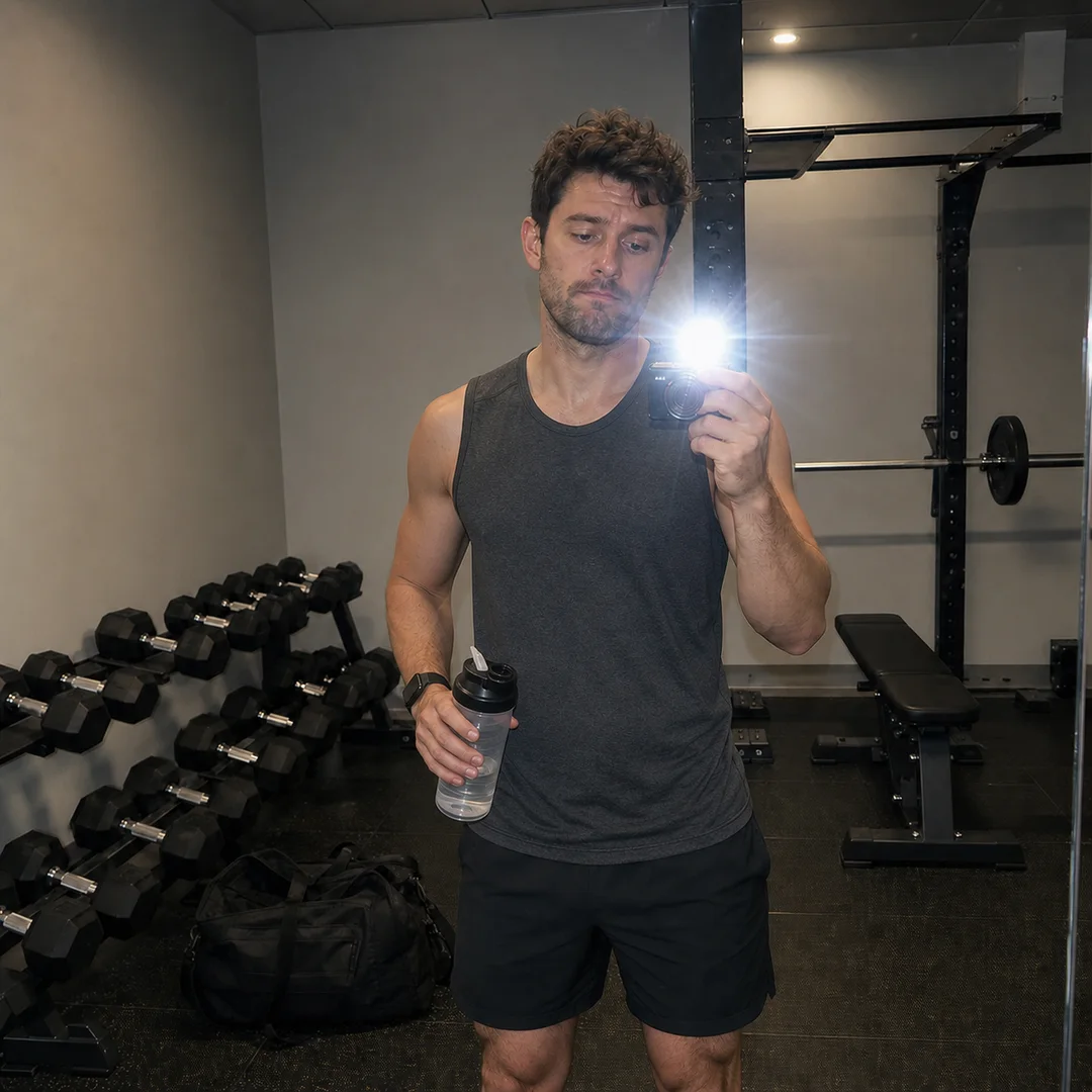 The same person six weeks later in the same gym with subtle progress.